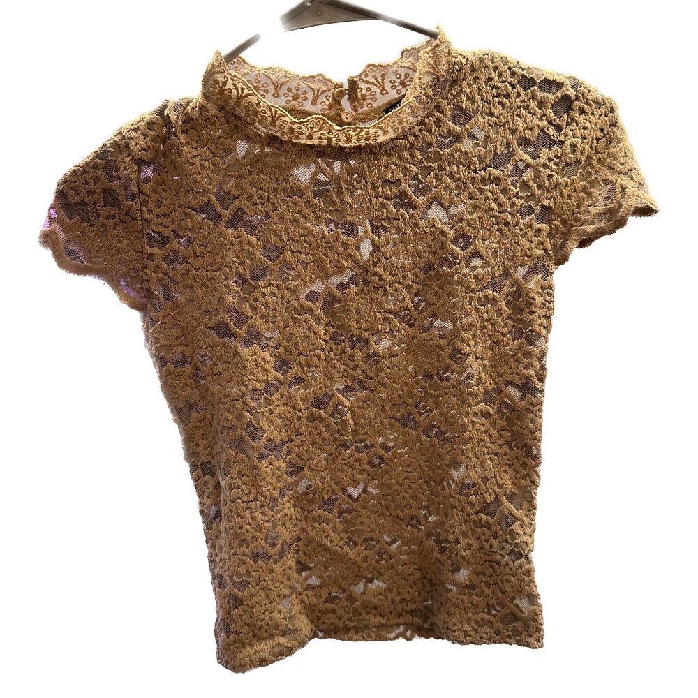 Zara Brown/Tan Lace Sheer Mock Neck Blouse (Size S)